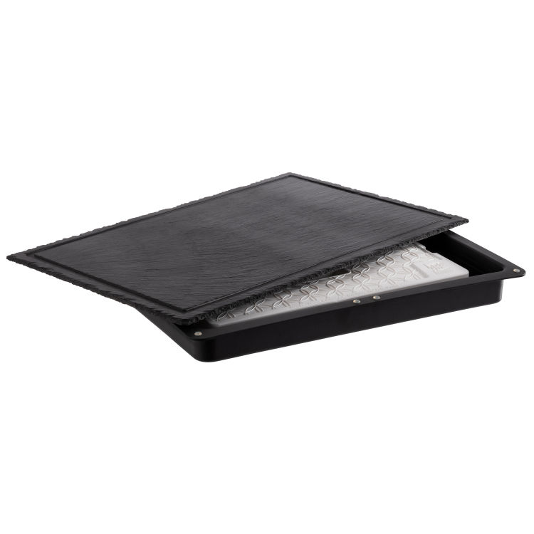 Kühlbox -SLATE- 58 x 38 cm, H: 6,5 cm Set bestehend aus: - Basis, Polystyrol, schwarz =- Naturschieferplatte - 1 Kühlakku