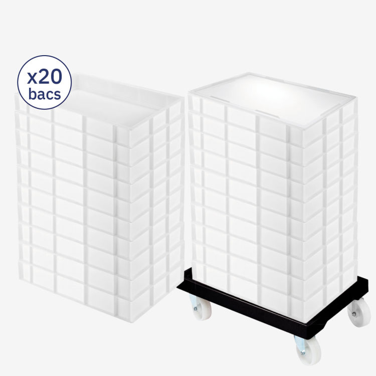 Set Socle rouleur avec 20 bacs à pâtons 15 L