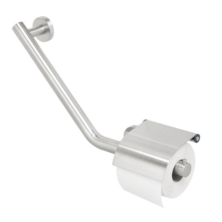 Barre d'appui coudée à gauche avec porte-rouleau papier toilette inox brossé