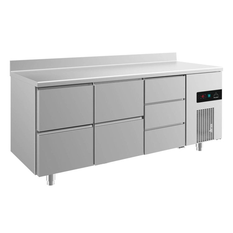 Kühltisch -2 bis +8°C 1865x700x850mm mit 2x zwei Schubladen links/mittig und 1x drei Schubladen rechts u. Aufkantung