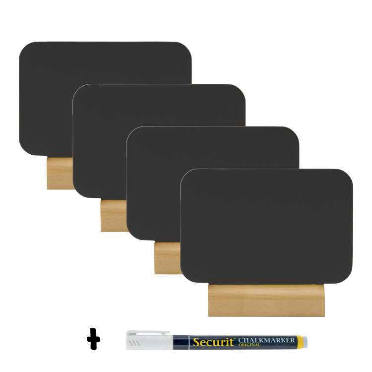 4er-Set Mini-Tischtafeln - Rechteckige Silhouette - Holzsockel - Kreidestift inklusive