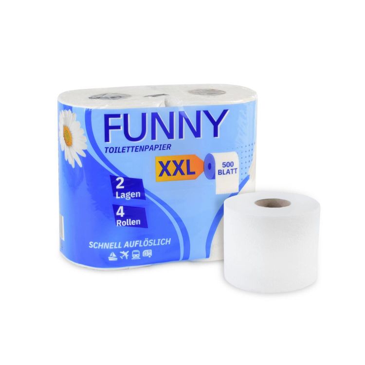 Funny Toilettenpapier 2-lagig, 500 Blatt, 100 % Zellstoff, weiß, 10 x 4 Rollen.