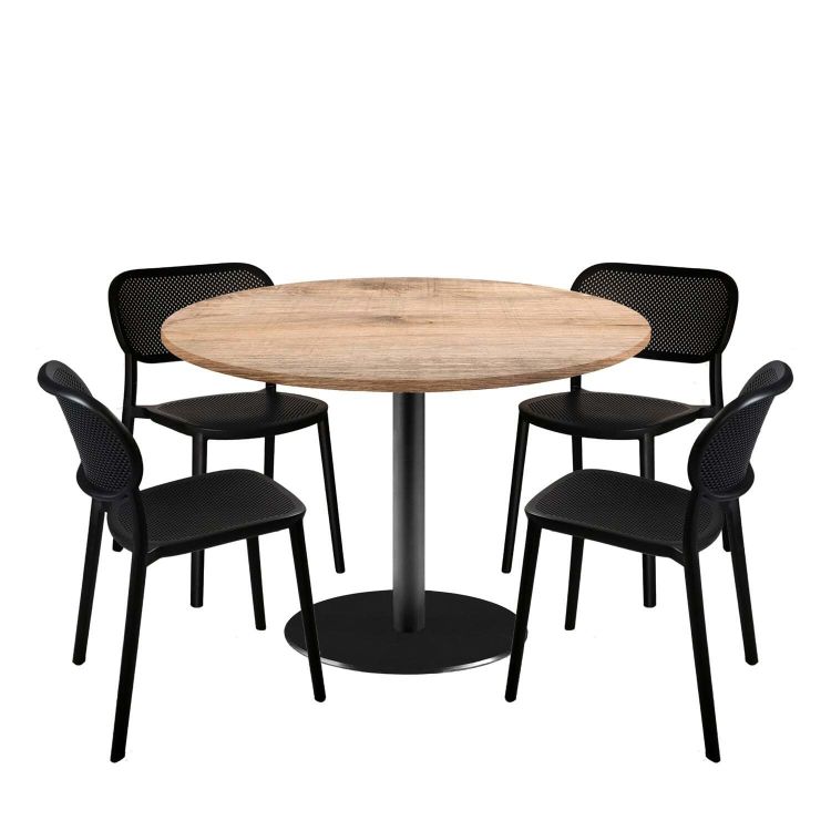 Lot table Rome XL ronde et 4 chaises - décor bois