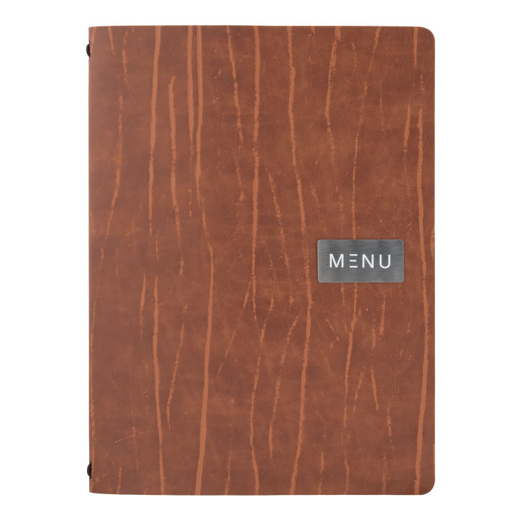 Speisekartenhülle Leder- Braun - Linie Ruga Menu-Plakette + Blankoplakette inklusive - 4 Sichtseiten