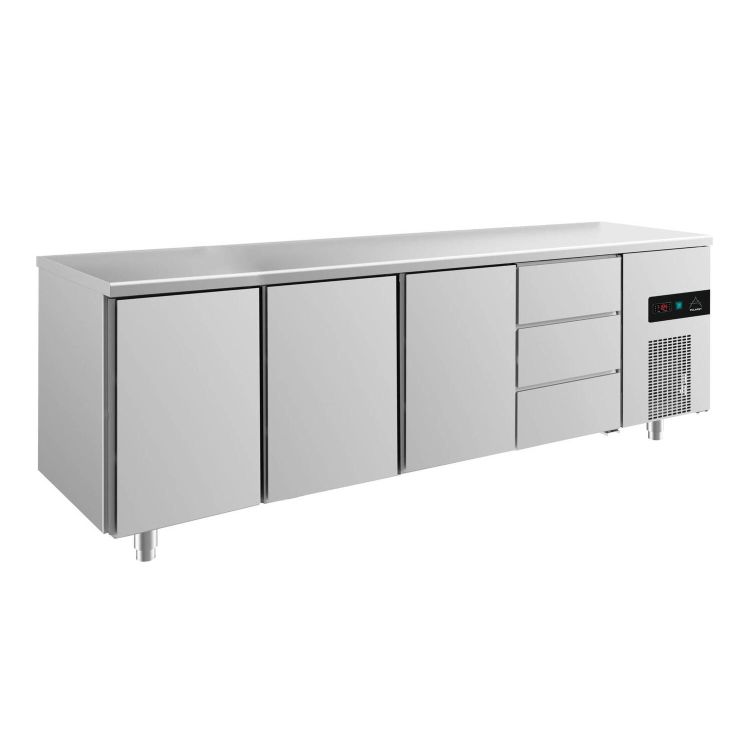 Kühltisch -2 bis +8°C 2330x700x850mm mit 3x Türen links/mittig und 1x drei Schubladen rechts