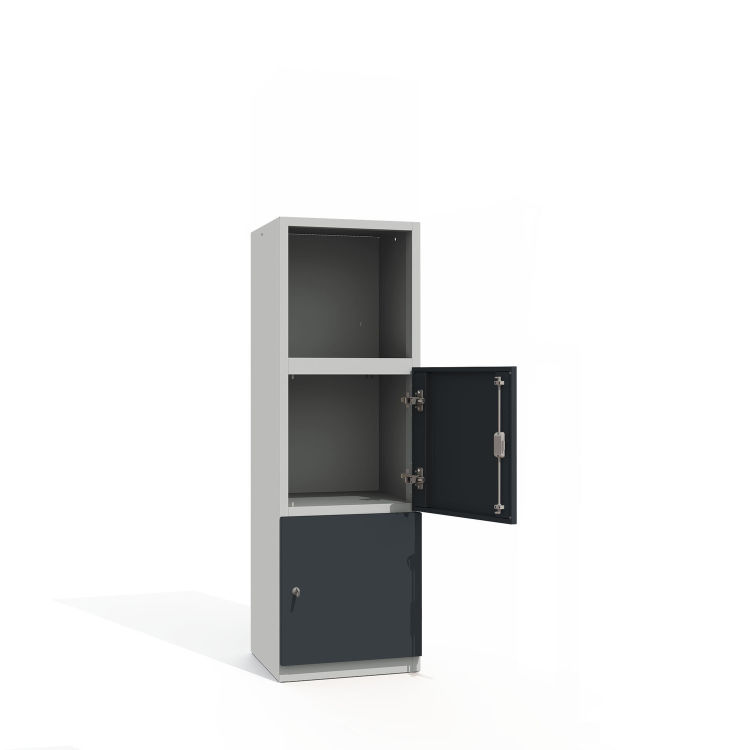 Büroschrank Premium 3 Fächer 1x offen 2 Türen mit lichtgrauem Korpus