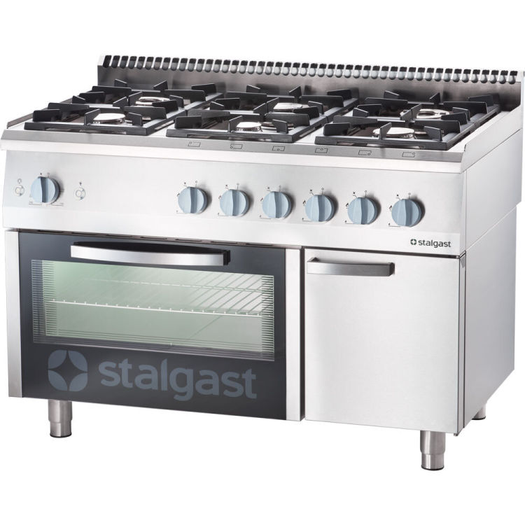 Stalgast Edelstahl Gasherd mit 6 Brennern (3,5+2x5+2x7+9), Gas-Backofen GN2/1 und Unterschrank, Serie 700 ND