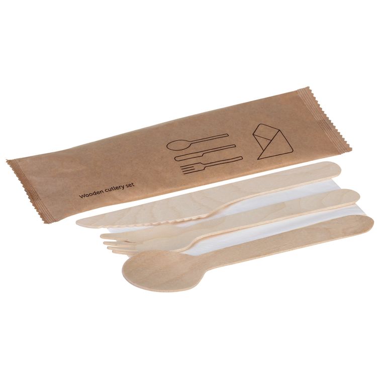 Besteckset Holz, 4-teilig - Gabel,Messer,Löffel,Serviette