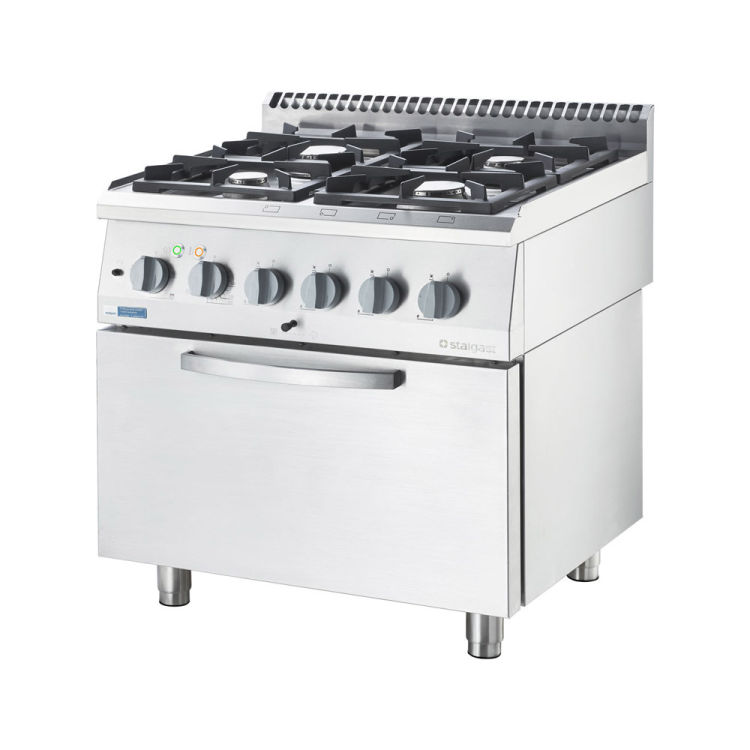 Stalgast Edelstahl Gasherd Basic mit 4 Brennern (4x3,5 kW) und Elektro-Umluft-Backofen  GN 2/1, Serie 700 ND