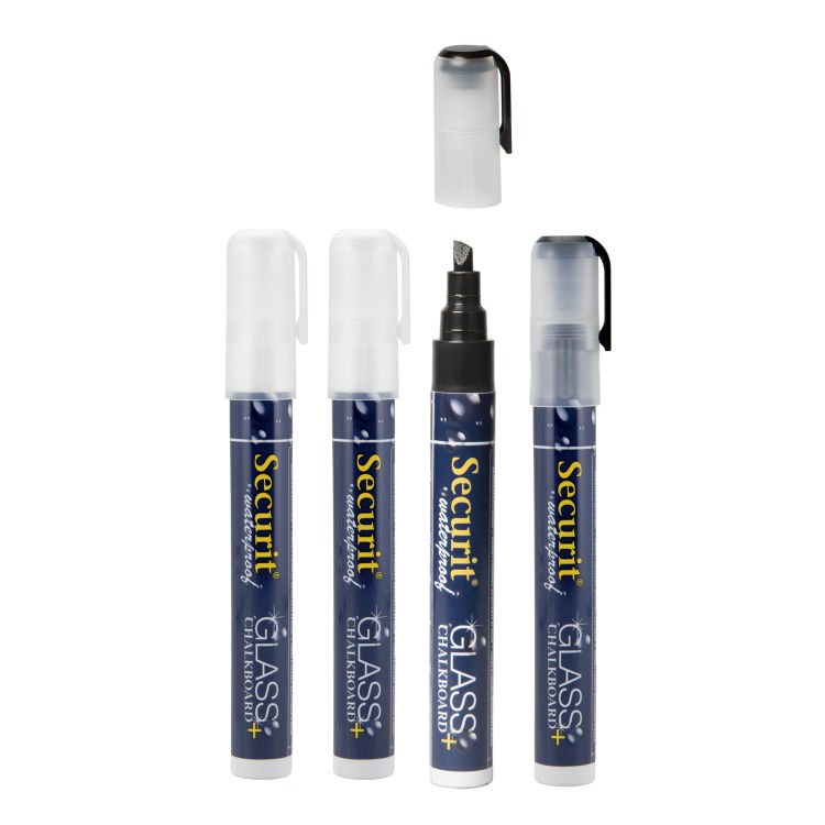 4er-Set Flüssigkreidestifte Waterproof - Weiß, Schwarz - Keilspitze 2-6mm