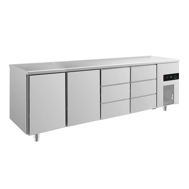 Kühltisch -2 bis +8°C 2330x700x850mm mit 2x Türen links/mittig und 2x drei Schubladen mittig/rechts