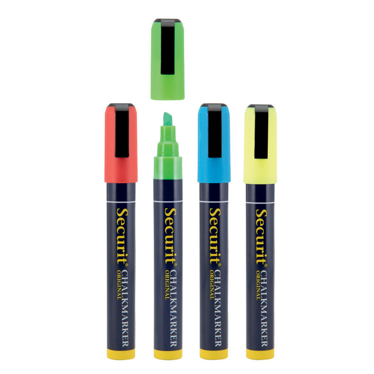 4er-Set Flüssigkreidemarker – Gelb, Grün, Blau, Rot – Keilspitze 2-6 mm