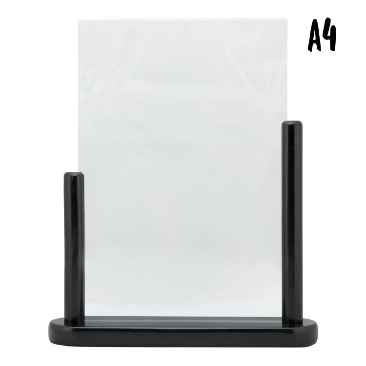 Transparenter Plakathalter – Vertikal – Acryl – Holzsockel Buche schwarz lackiert – Doppelseitig
