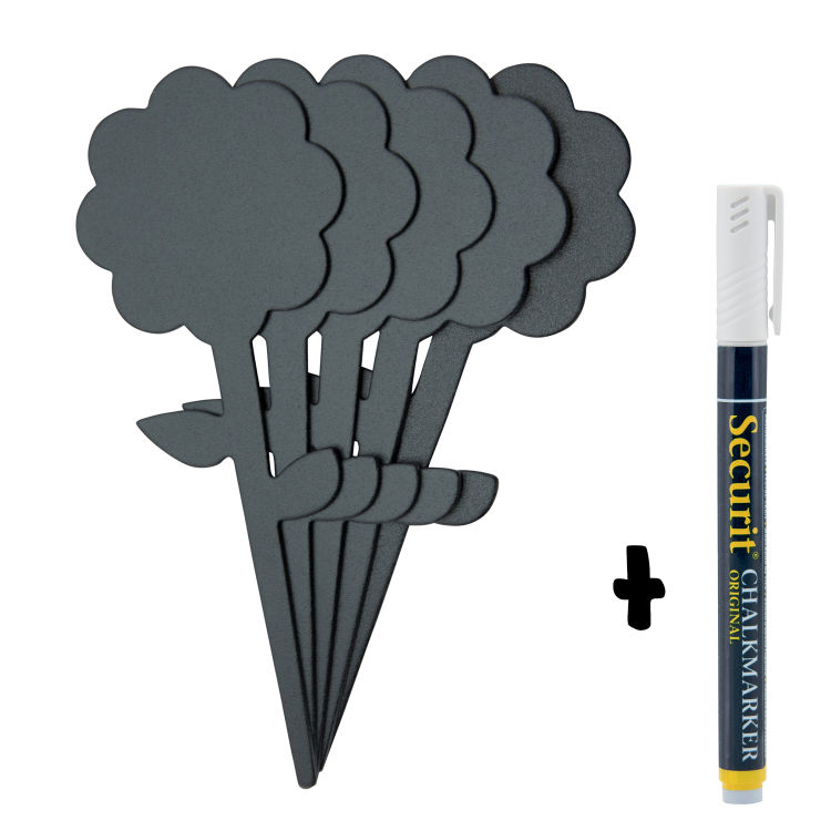 5er-Set Schiefertafelschilder - Blumensilhouette - Schwarz - Inkl. Kreidestift