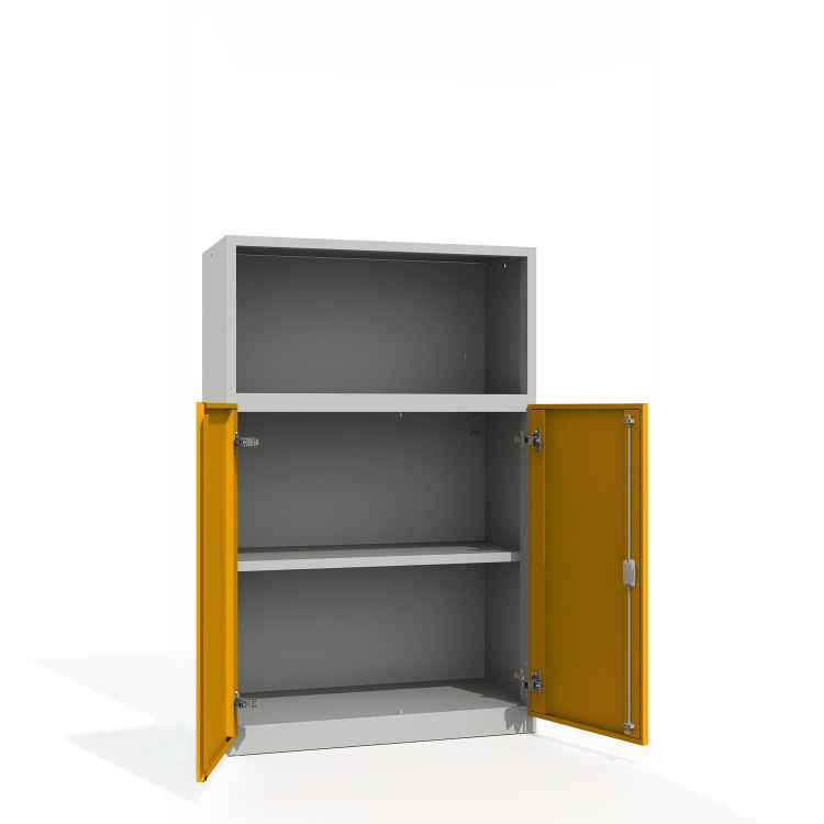 Büroschrank Premium 3 Fächer 1x offen Flügeltüren mit lichtgrauem Korpus