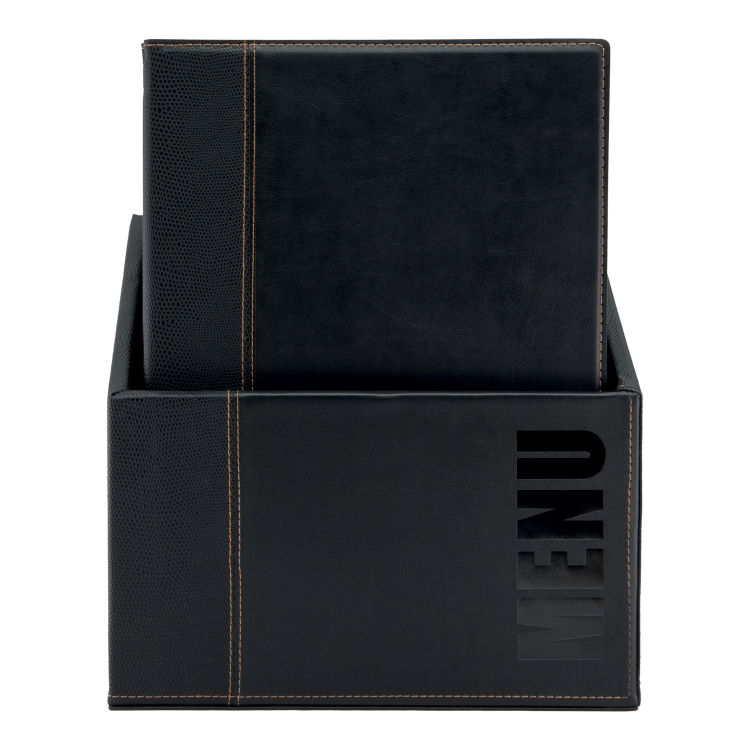 Box con 20 porta-menù A4 Trendy in similpelle – 4 viste