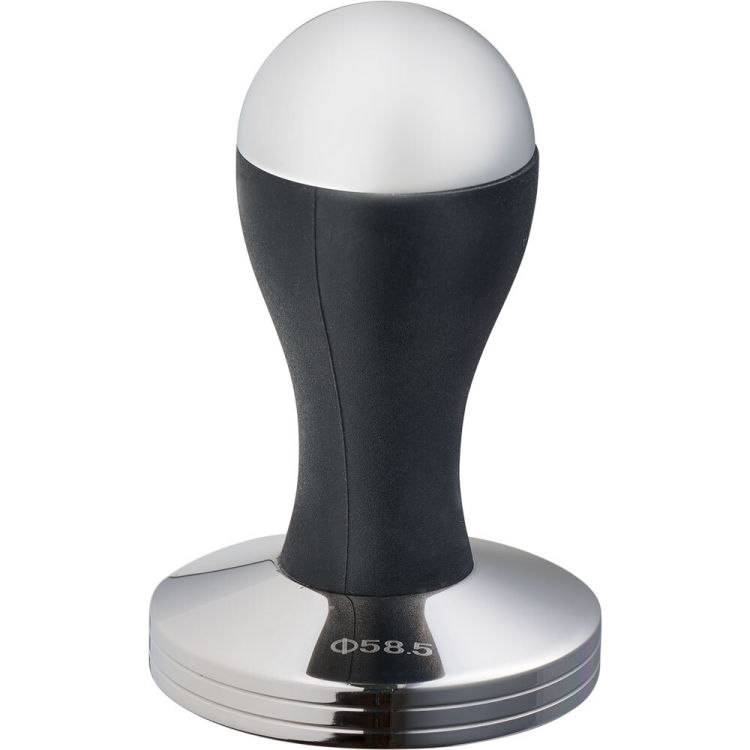 Tamper en acier inoxydable, avec poignée noire, Ø 58 mm, hauteur 90 mm