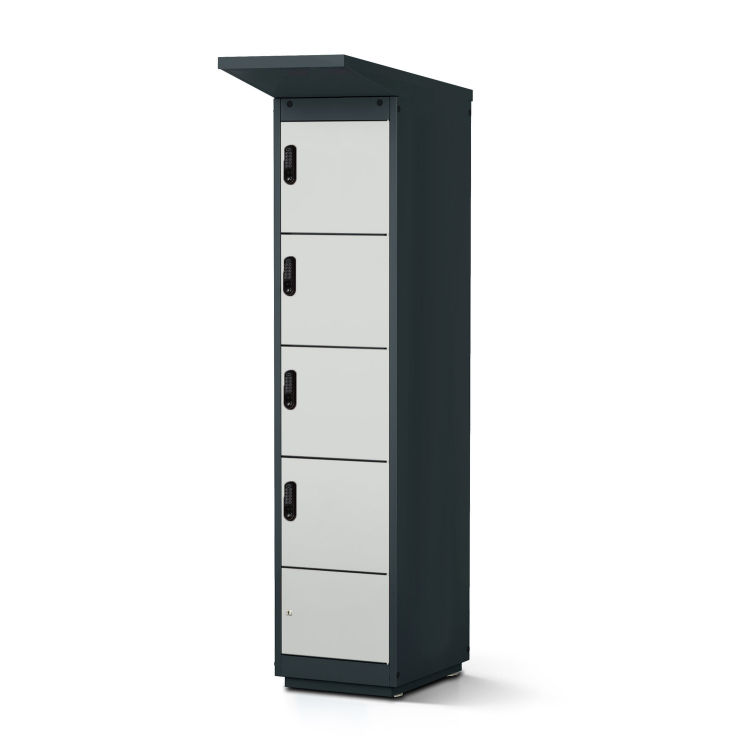 E-Bike-Ladestation anthrazitgrauer Korpus mit 4 Fächern mit Münzpfandschloss