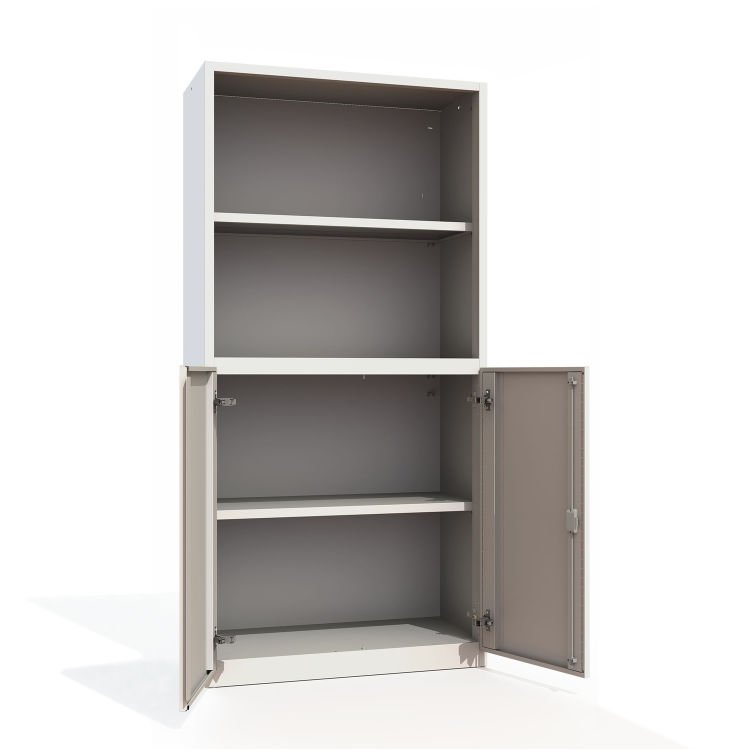 Büroschrank Premium 4 Fächer 2x offen Flügeltüren mit signalweißem Korpus