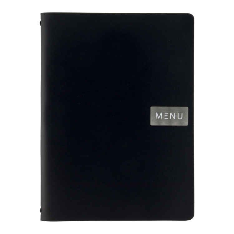 Copertina Menu A4 Leather - Nero - Linea Royal - 100% pelle ecologica - Targhetta Menu + targhetta neutra incluse - 4 pagine