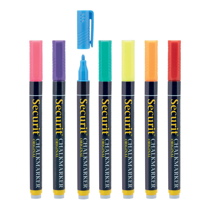 7er-Set Flüssigkreidemarker – Gelb, Pink, Orange, Violett, Grün, Blau, Rot – Rundspitze 1-2mm