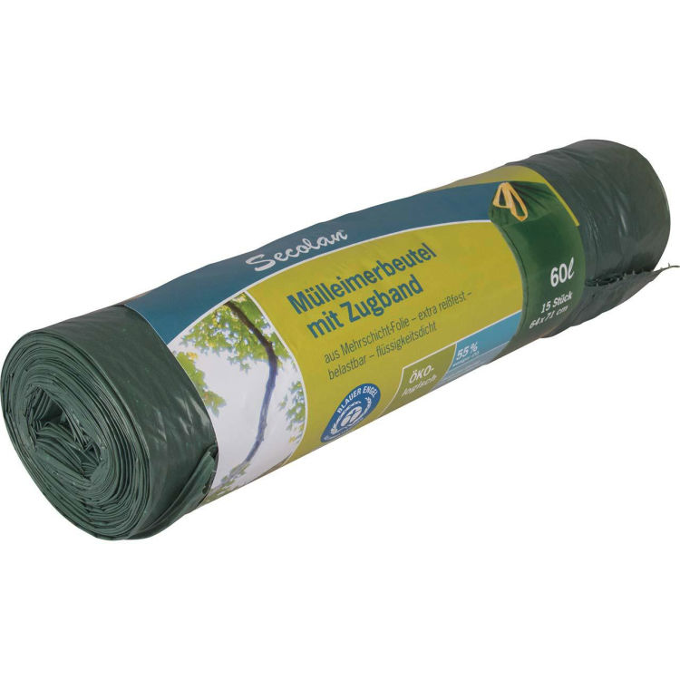 Secolan Mülleimerbeutel mit Zugband 60 Liter, 15 Stück ,30 µ, grün