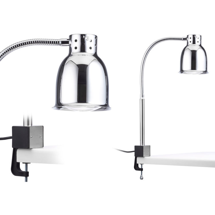 Buffet-Wärmelampe mit Tischplattenbefestigung, verchromt