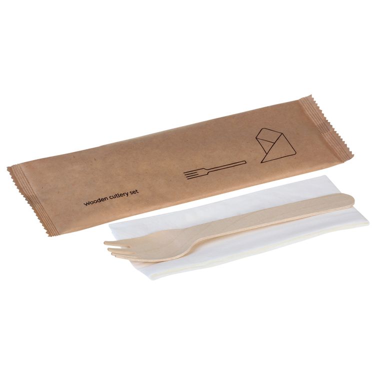 Gabel Holz, mit Serviette - einzeln verpackt, naturesse