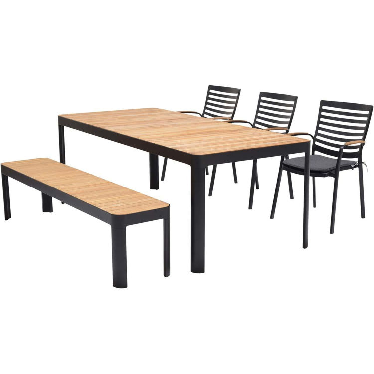 Gartenmöbel-Set 'Portals' 3 Stühle, 1 Bank 182, 1 Tisch 209 x 95, schwarz