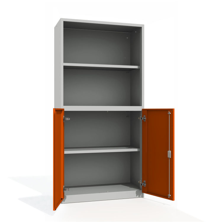 Büroschrank Premium 4 Fächer 2x offen Flügeltüren mit lichtgrauem Korpus