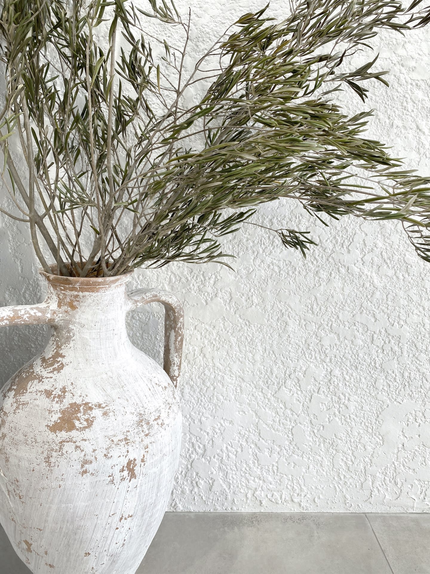 A white vase filled with olive branches against a white wall.