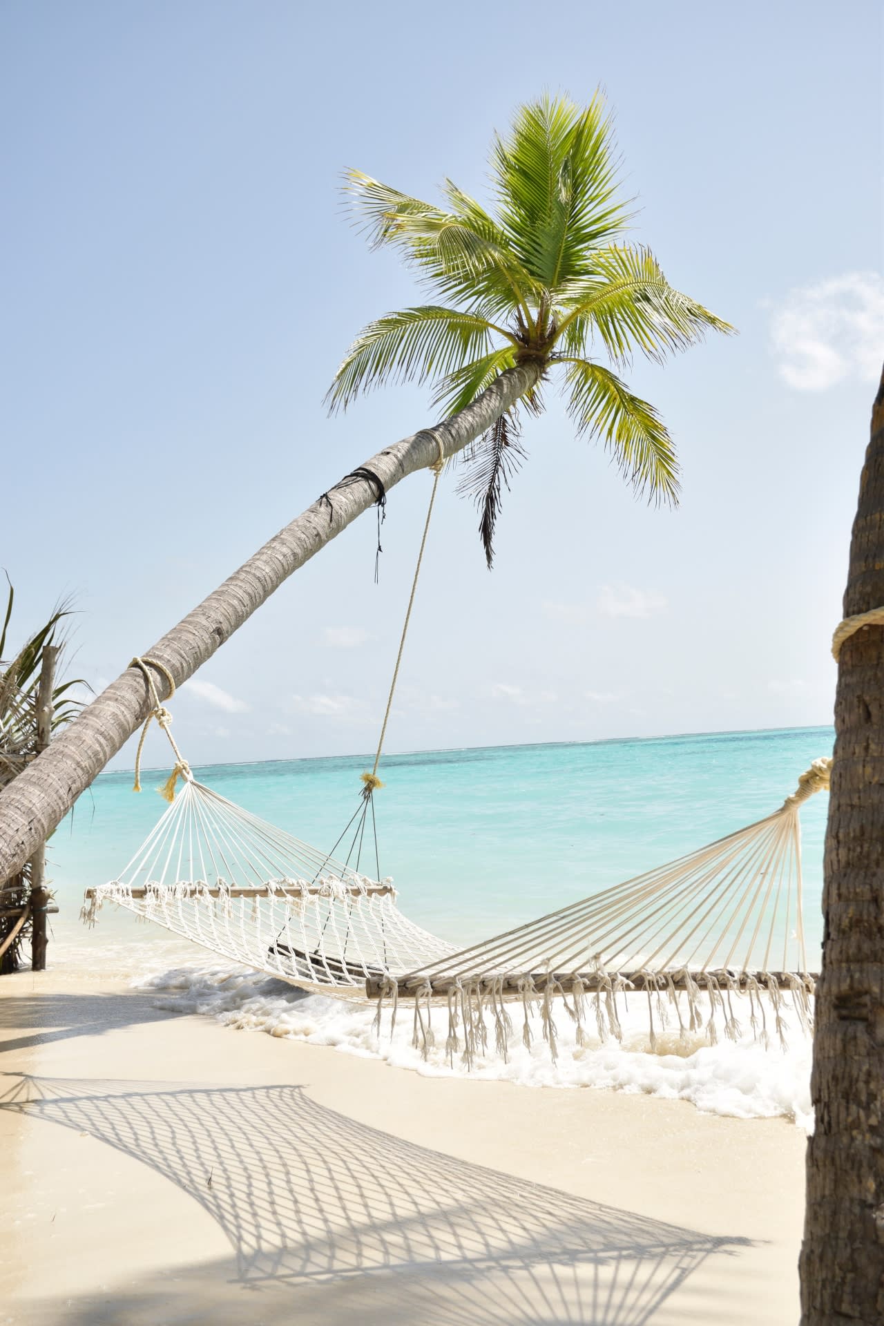 A woven hammock strung between two palm trees on a white-sand beach with crystal-clear turquoise water