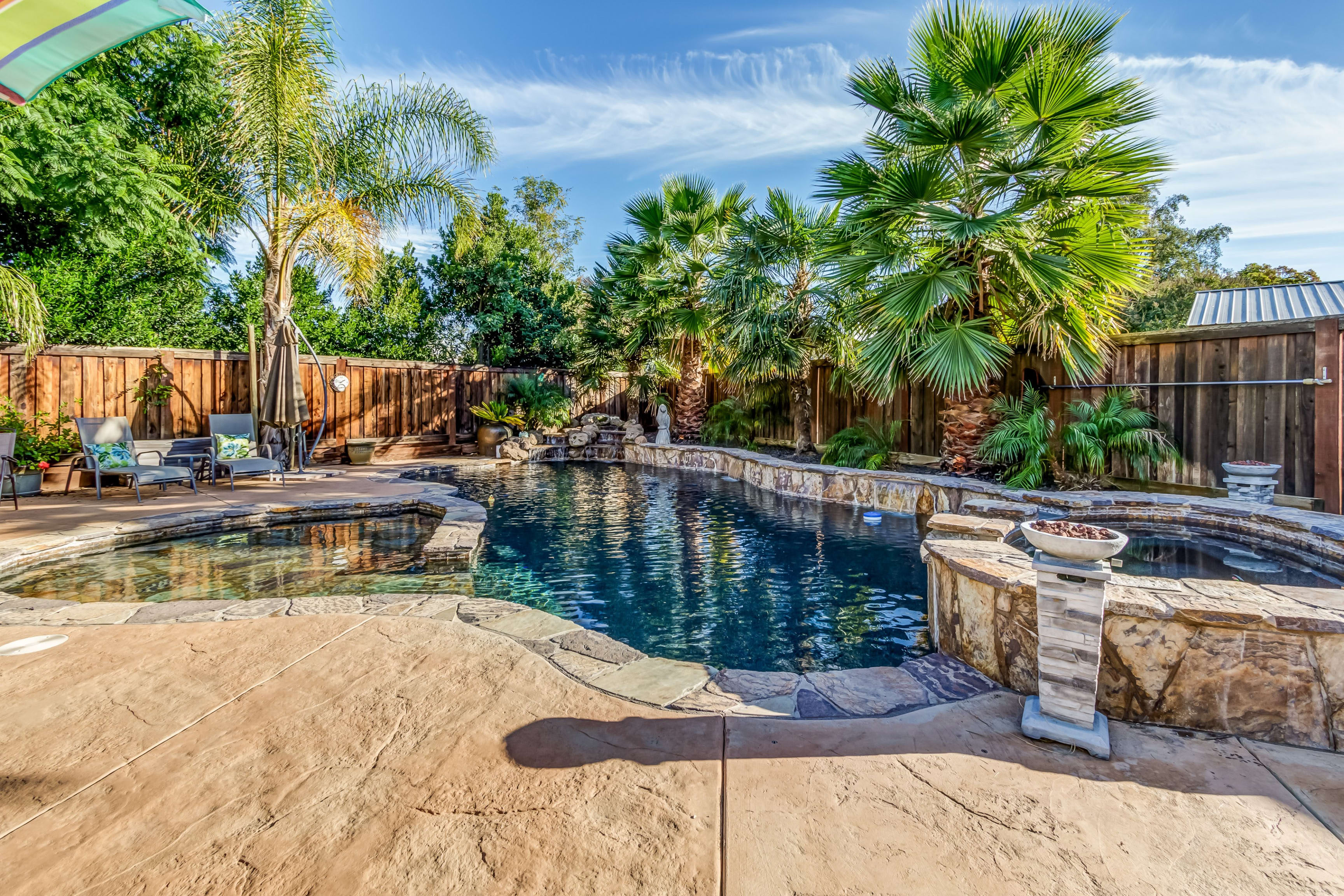 A backyard oasis with a large swimming pool surrounded by palm trees and lush landscaping