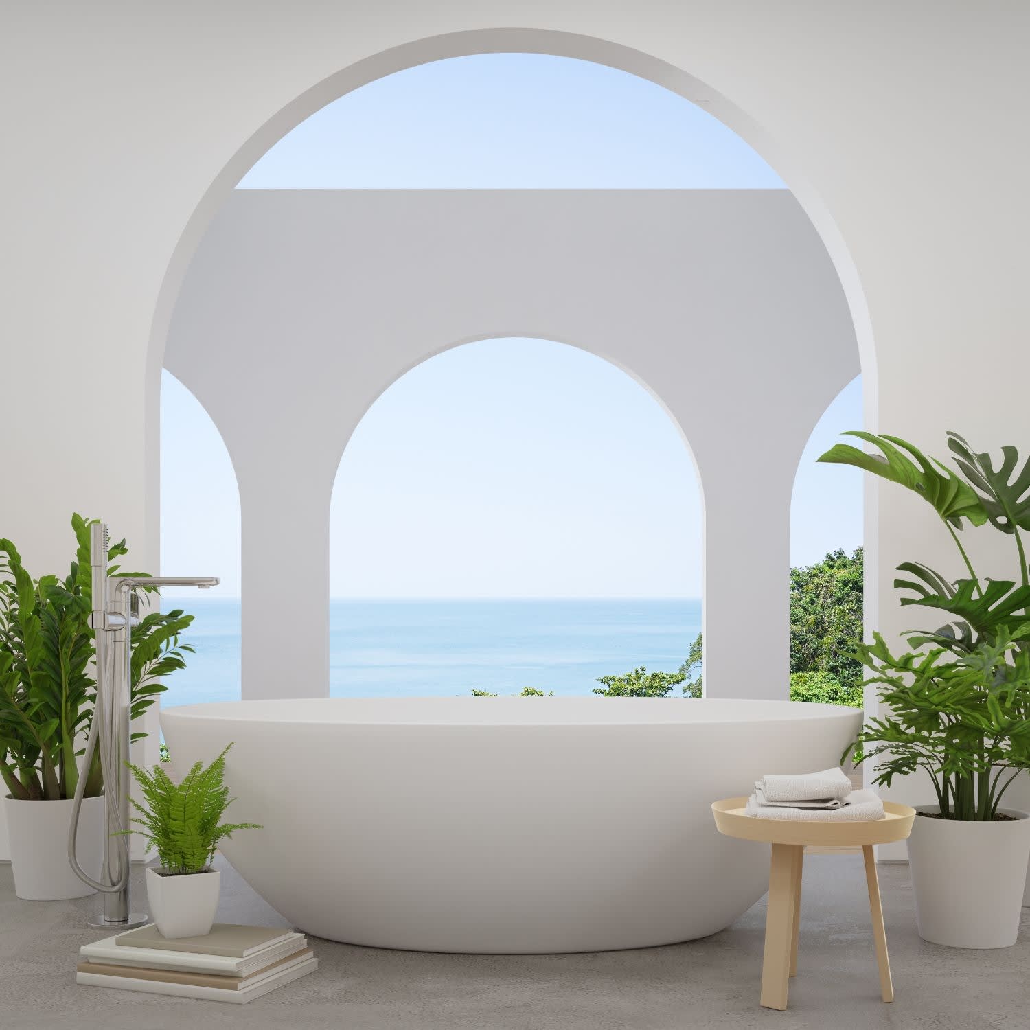 Relaxing spa bathroom with ocean view bathtub