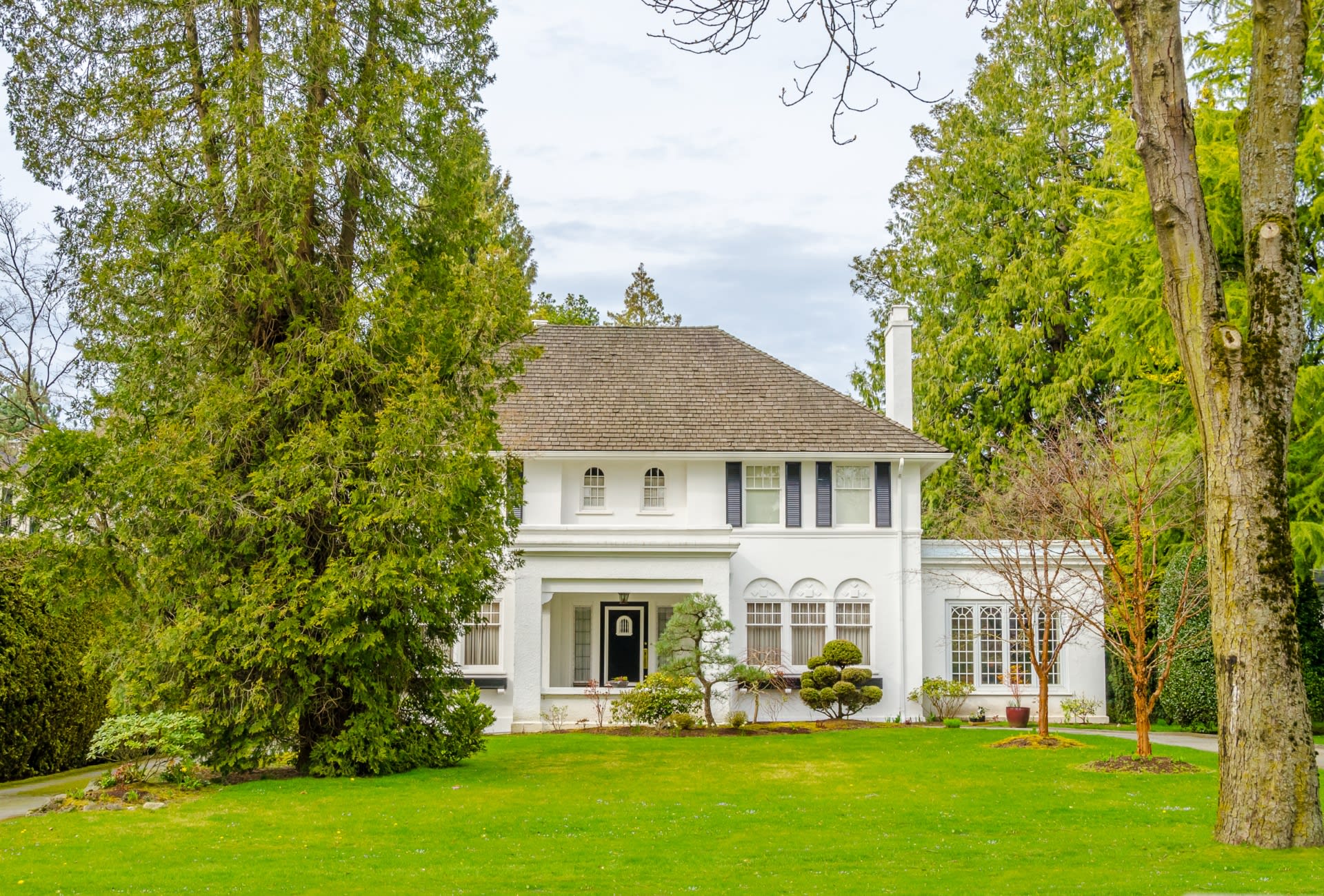 A large white house with a paved driveway and a lush front lawn with scattered trees.