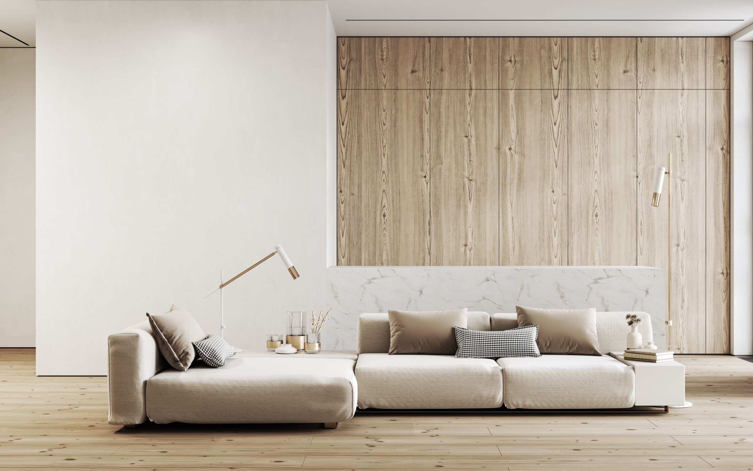 A modern living room with white walls and a large wooden accent wall