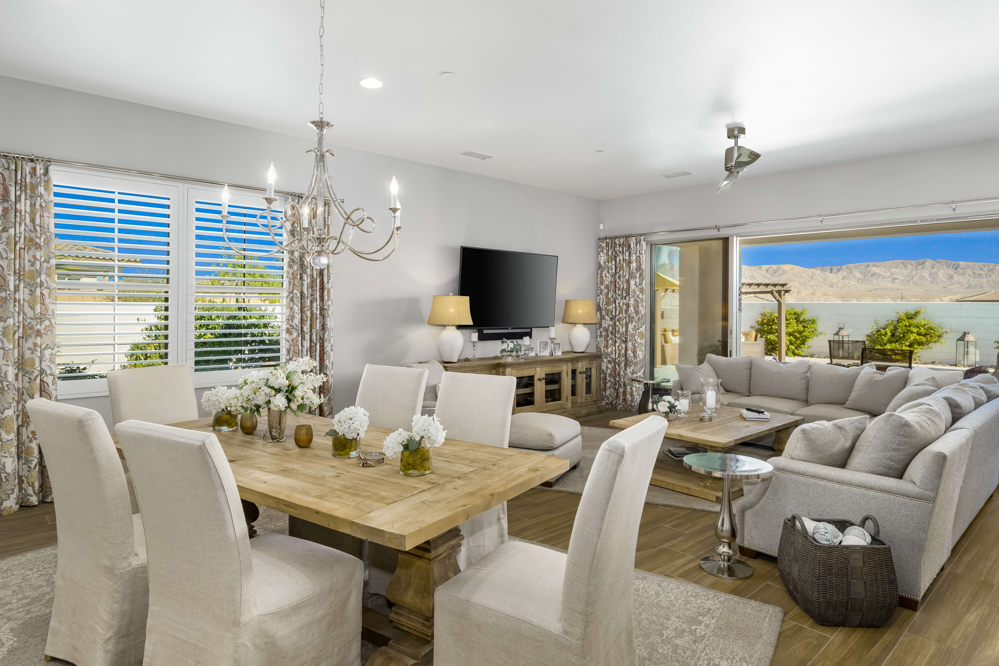 A modern dining room with a sleek dining table