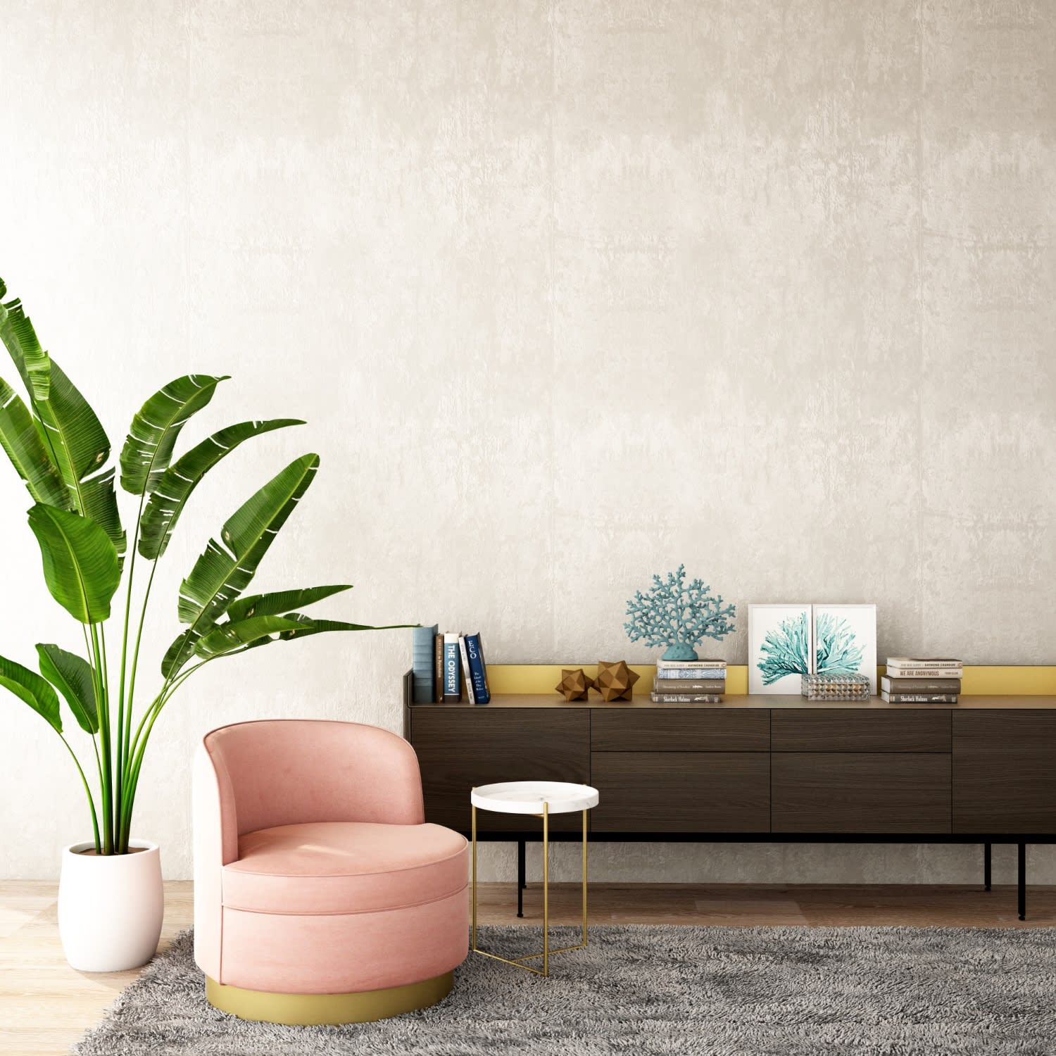 Staged living room with a blush-pink chair, tropical plant, dark wood console, and coastal artwork.