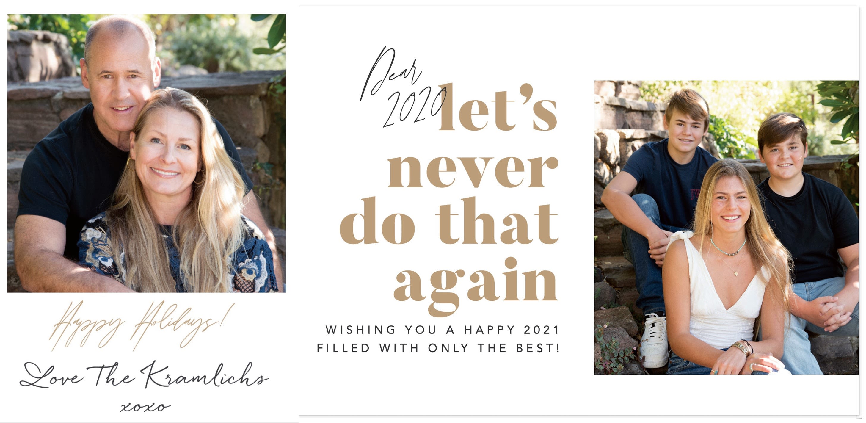 The Kramlich family in two outdoor portraits beside a greeting wishing for a better 2021.