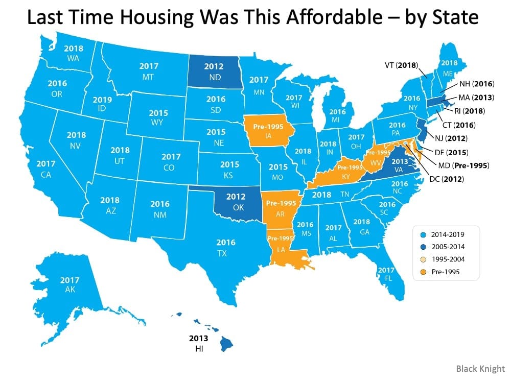 Map showing the last year housing was this affordable in each U.S. state, with a color legend.