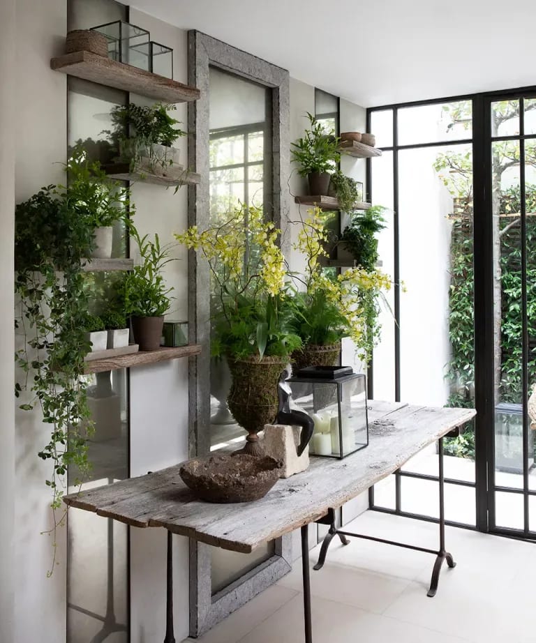 Plant-filled interior with a weathered-wood console table and large black-framed windows.