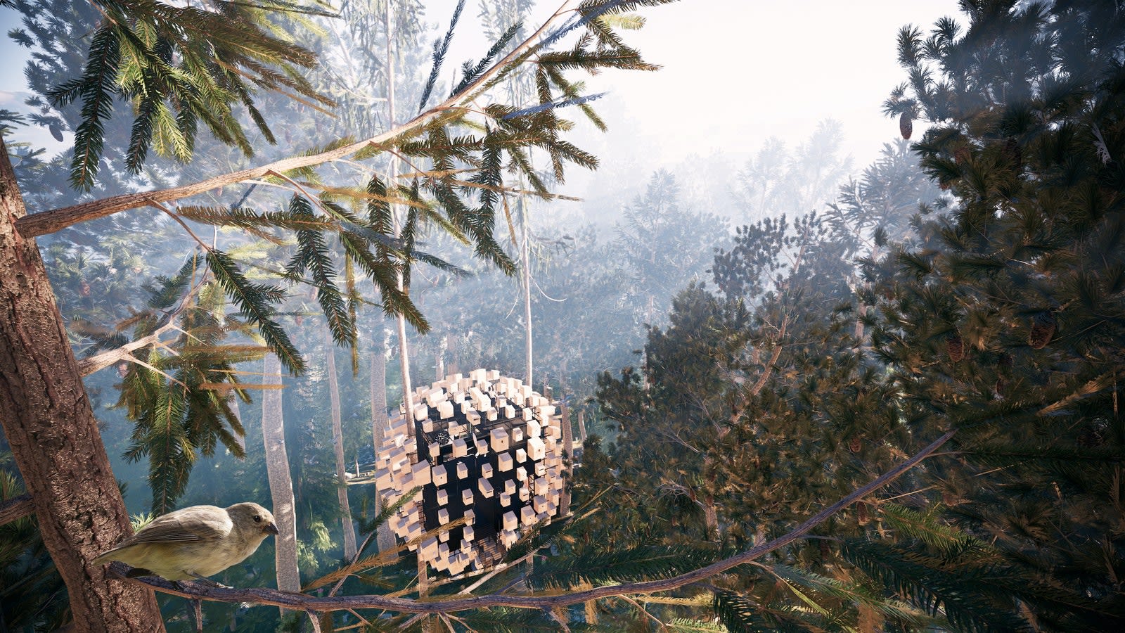 a spherical tree house with wooden bird nests on the exterior