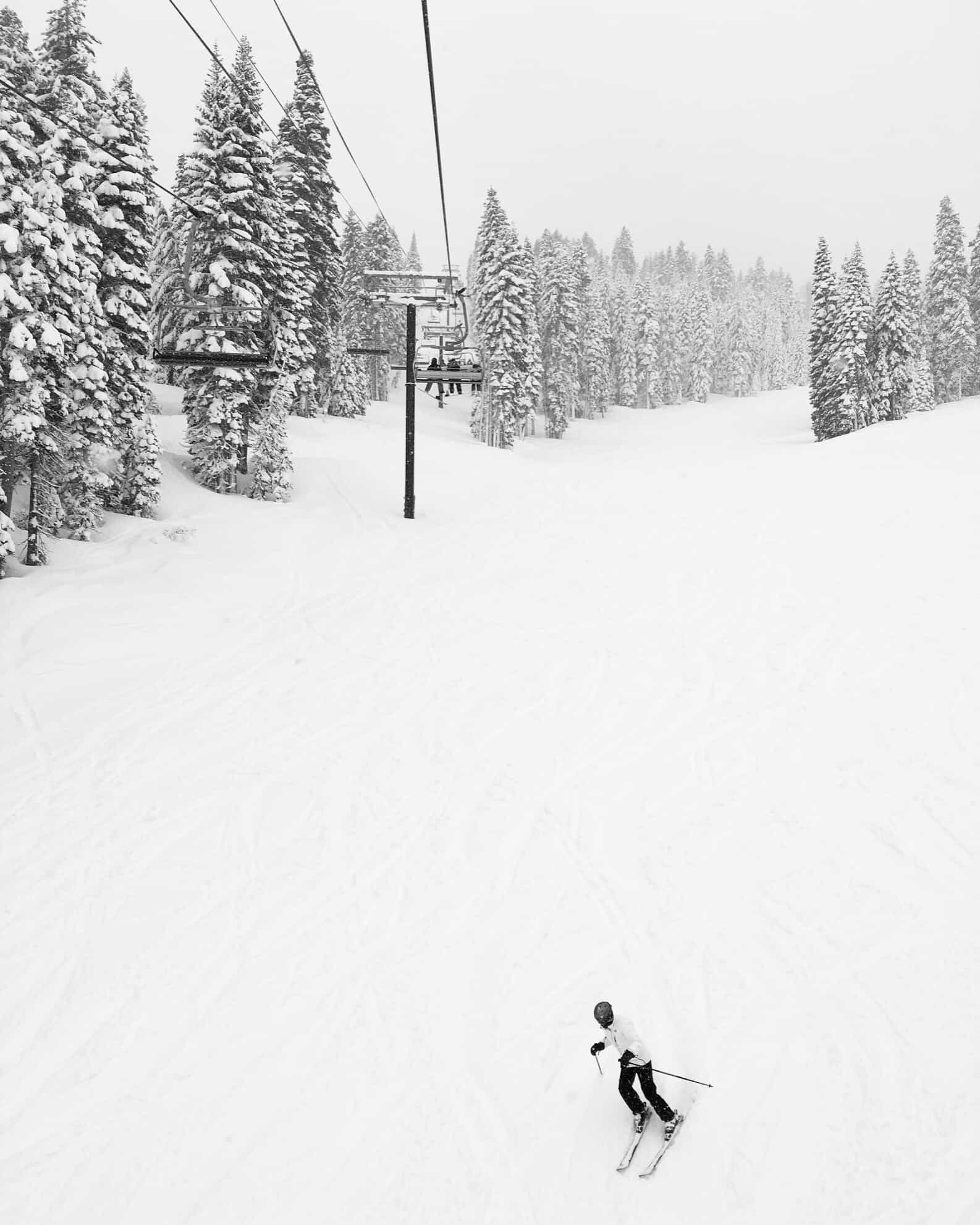 a skier skis down a hill with a chairlift and snowy pine trees in the background