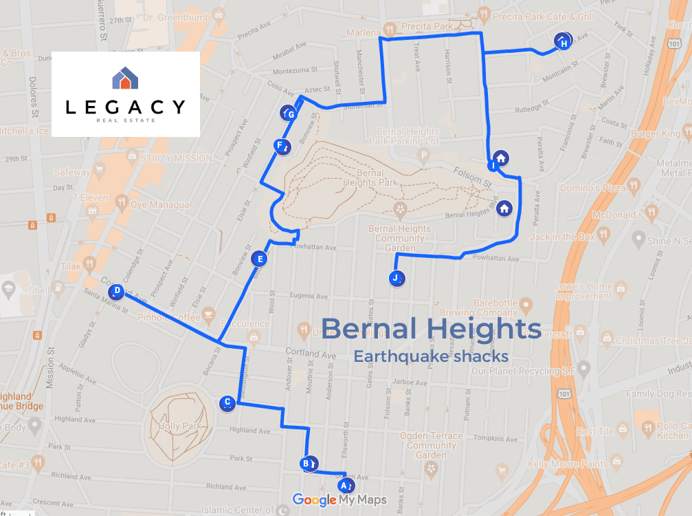 Map of Bernal's Earthquake Shacks with walking tour outlined