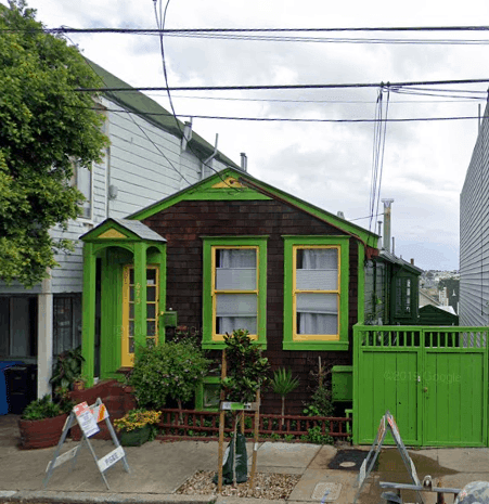 673 Moultrie, San Francisco, shack bernal heights earthquake, green window frames, shingle sided home
