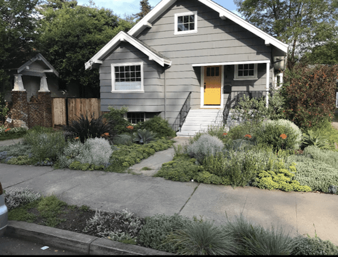 Gray house with white trim and a bright yellow front door, surrounded by lush landscaping.