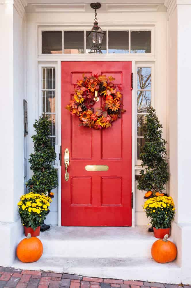 Red Door with Fall decor