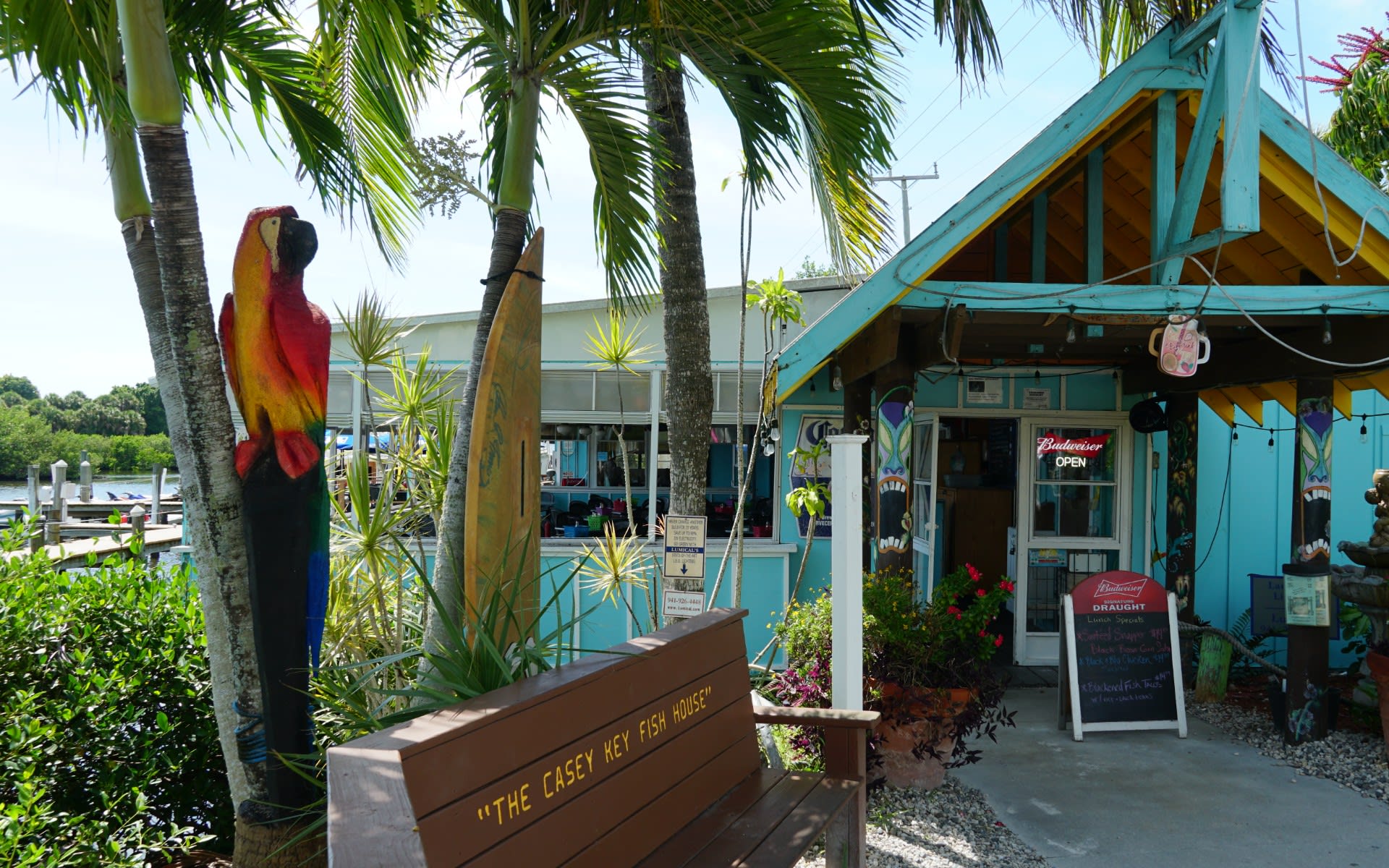 Casey Key Fish House tropical waterfront exterior in Osprey.