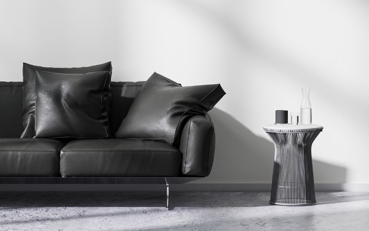 Black Leather Sofa with Metal Coffee Table in Bright Room