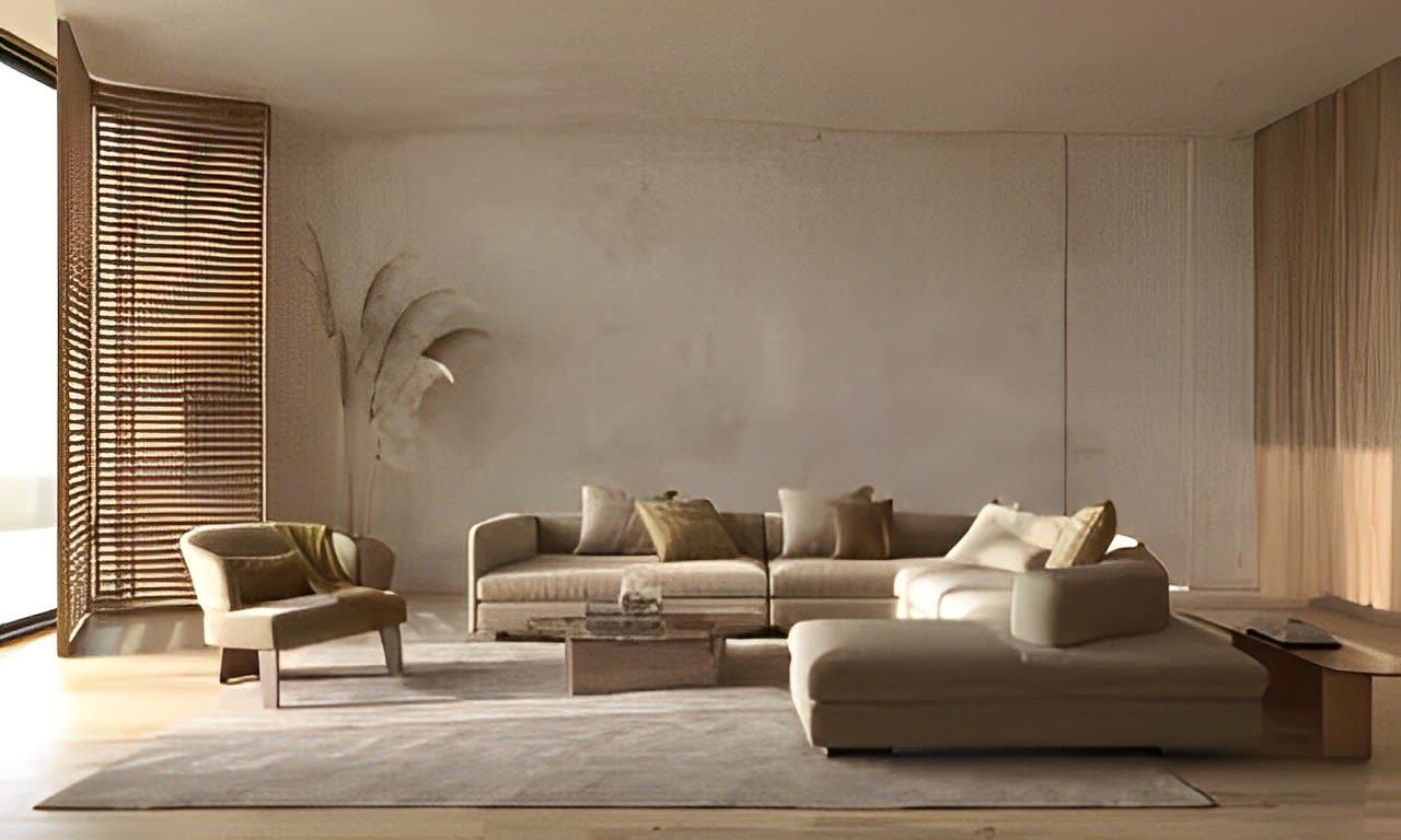 A living room with a light brown couch and a light brown chair